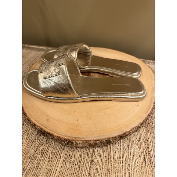 Tory Burch Double T Sport Slide Leather Sandals Gold Spark Sz-9.5 298$ - Picture 5 of 14